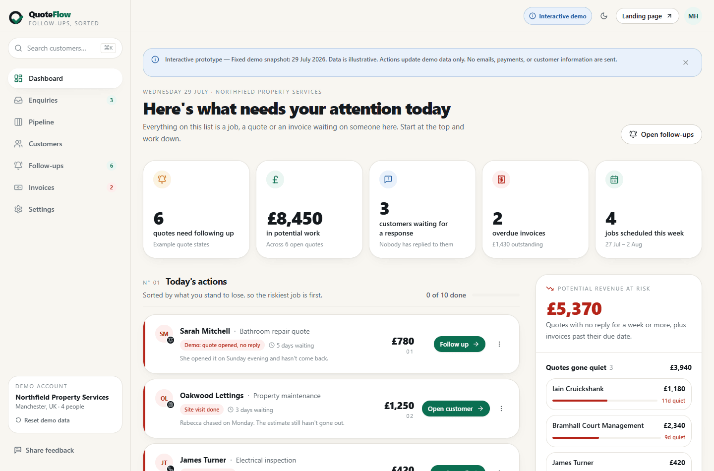 QuoteFlow desktop dashboard showing fictional follow-up actions and example revenue values
