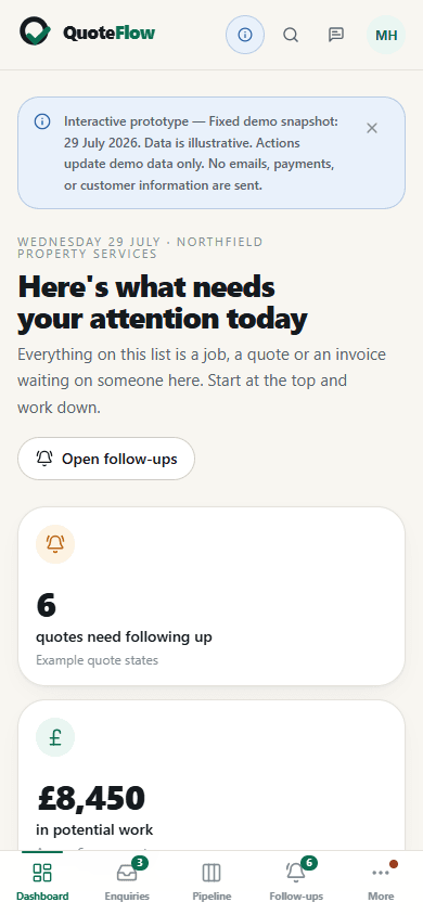 QuoteFlow mobile dashboard showing fictional follow-up actions and example values