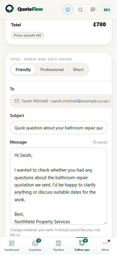 Mobile QuoteFlow follow-up composer with Sarah Mitchell's fictional quote message preloaded