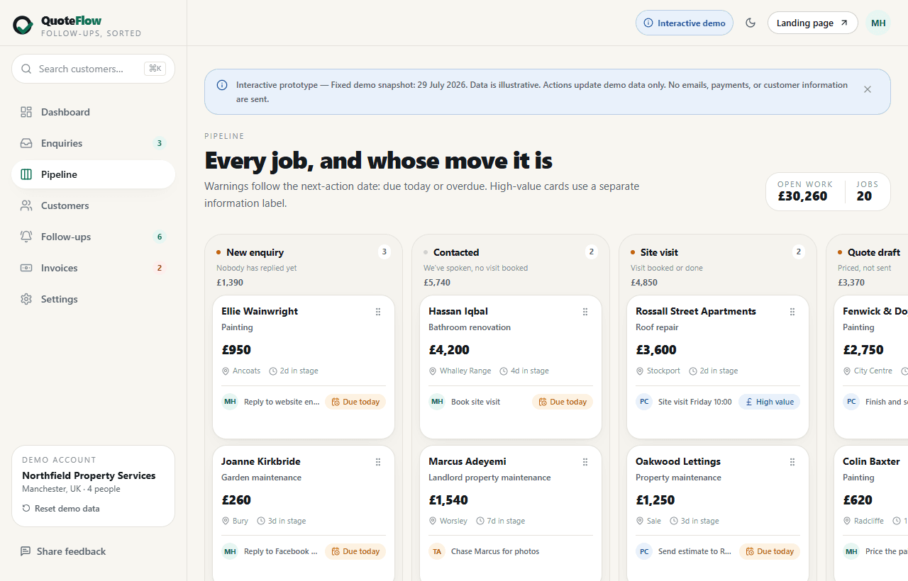 QuoteFlow desktop pipeline with fictional quote cards and clear next-action warnings