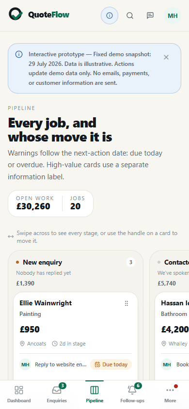 QuoteFlow mobile pipeline with fictional quote cards and clear next-action warnings